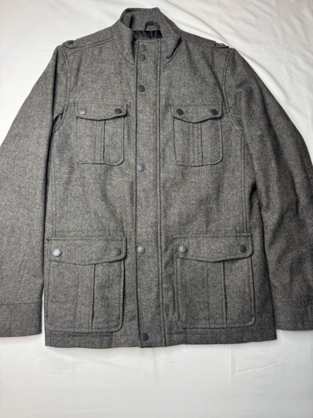 Marc Anthony Herringbone Military Field Jacket Gray Wool Blend Men's M